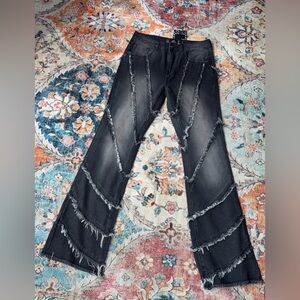 Rebel Vengeance Stylish Black Flared Jeans with Fringe Details Sz 30